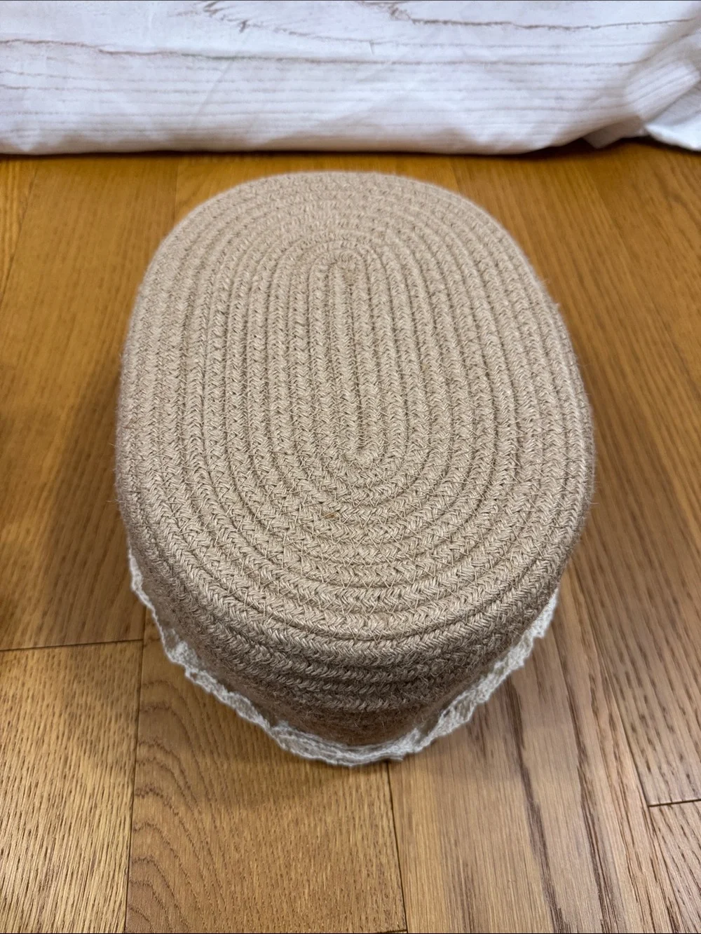Small Brown Oval rope Storage Basket with Lace Trim